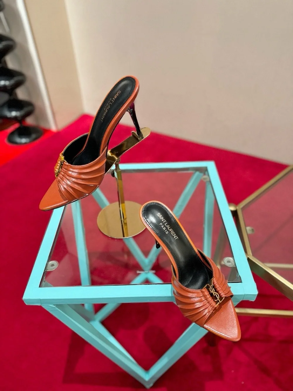 Saint Laurent Tan Leather Ruched Slide Heels with Gold YSL Accent